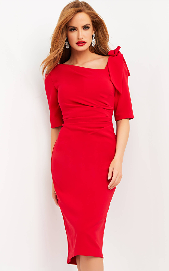 Jovani 04281 Red Short Sleeve Knee Length Dress