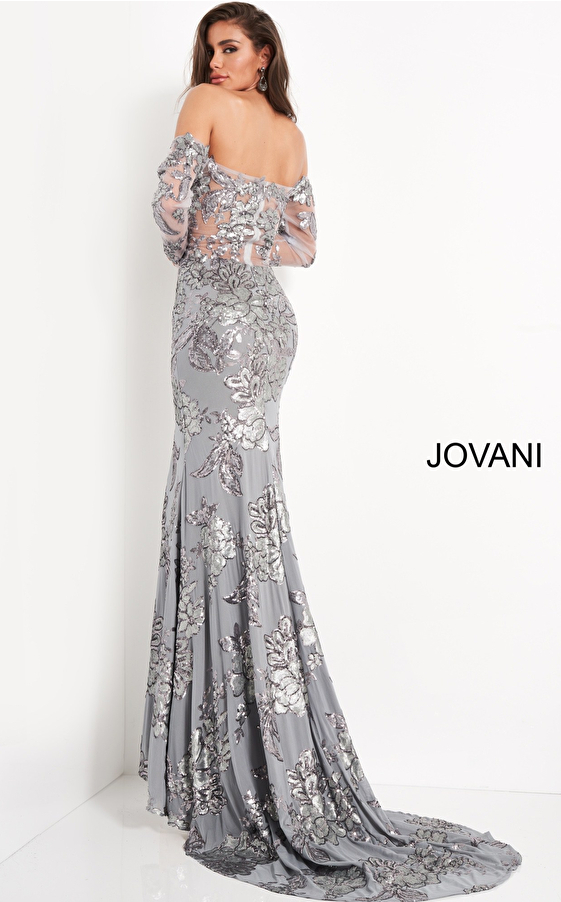 Jovani 04333 Silver Three Quarter Sleeve Embellished Mother of the Bride Dress
