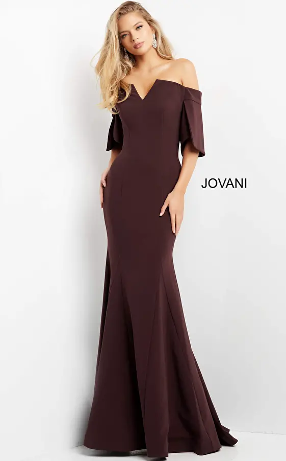 jovani Jovani 04341 Plum Off the Shoulder Sheath Evening Dress