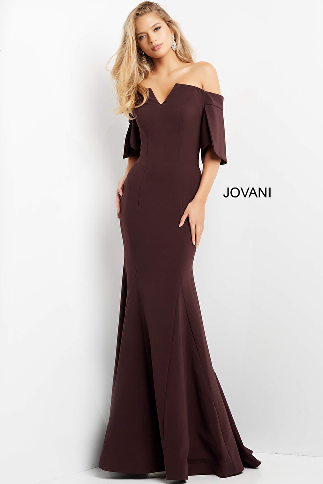 Model wearing Jovani style 04341 wedding guest dresses & party dress