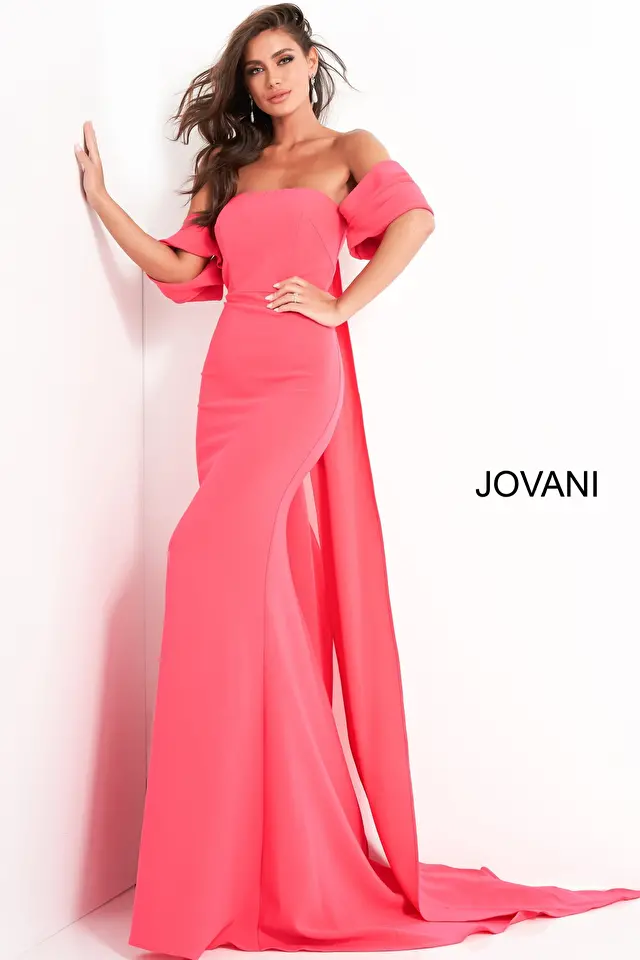 Jovani 04350 Lipstick Off the Shoulder Crepe Evening Dress