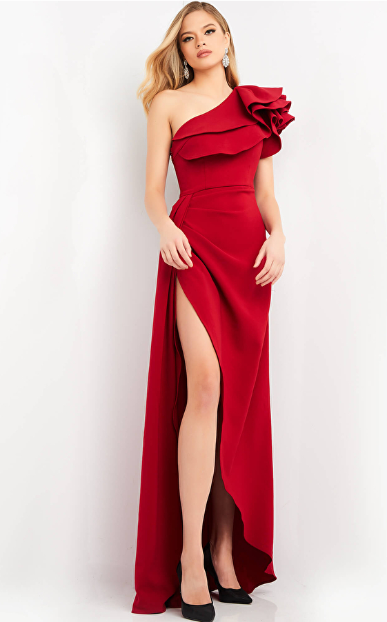 Jovani 04352 Cranberry One Shoulder High Low Evening Dress