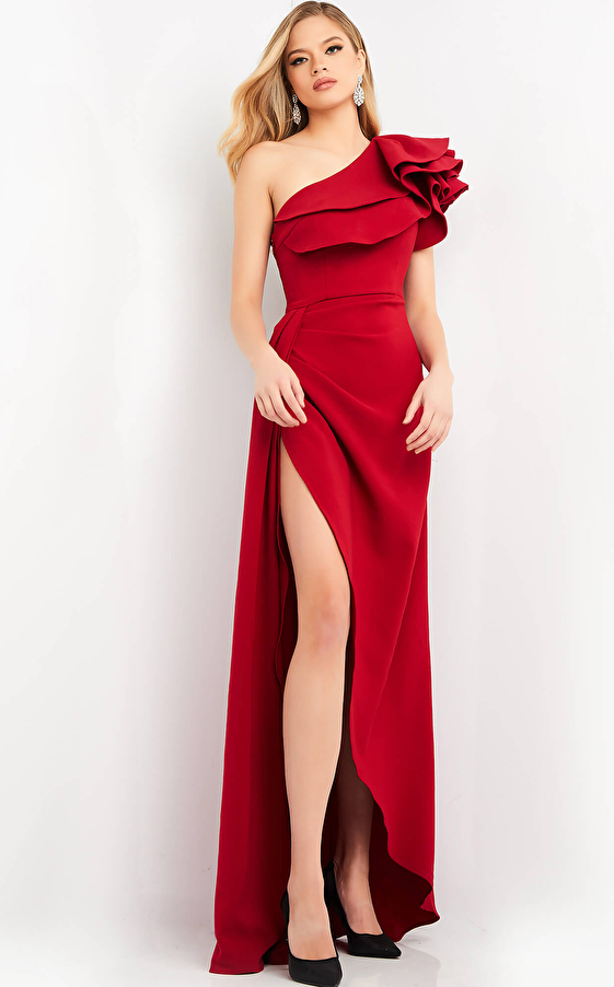 jovani Jovani 04352 Cranberry One Shoulder High Low Evening Dress