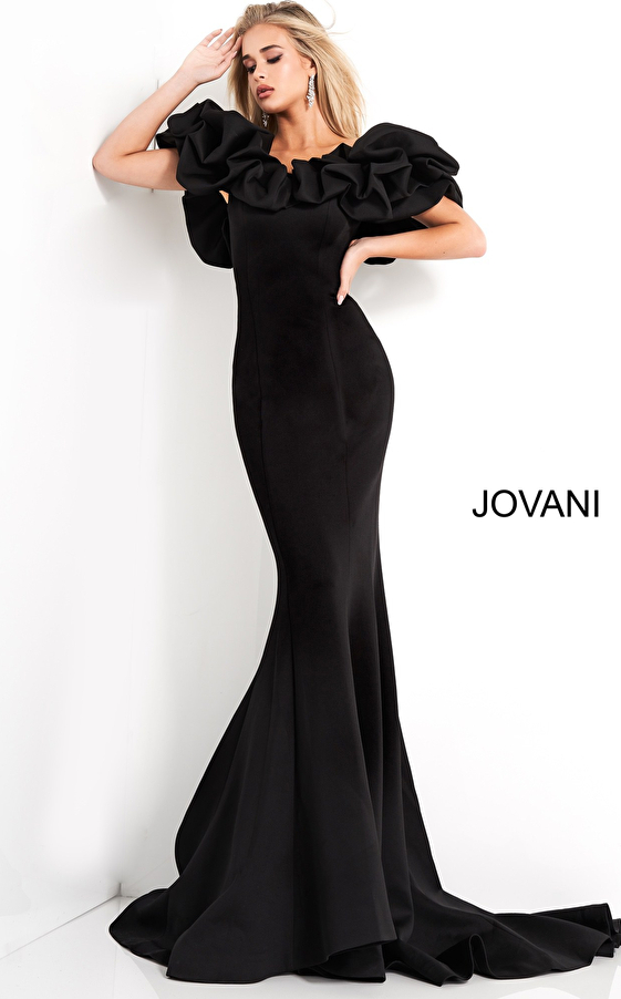 jovani Jovani 04368 Black Off the Shoulder Scuba Evening Dress