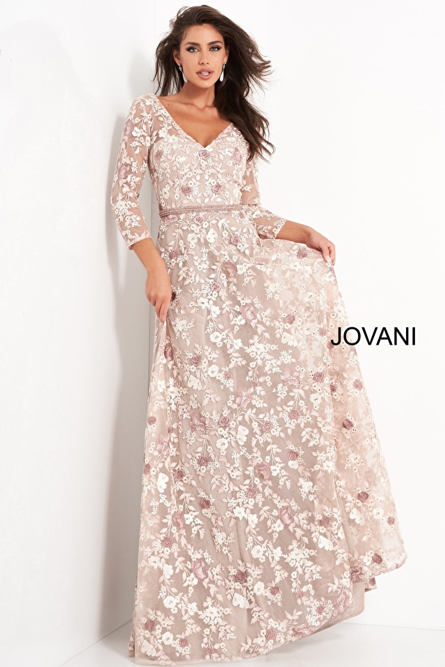 Jovani 04451 Pink Floral Embroidered V Neck Mother of the Bride Dress