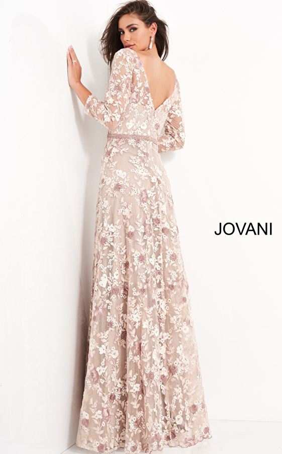 Jovani 04451 Pink Floral Embroidered V Neck Mother of the Bride Dress