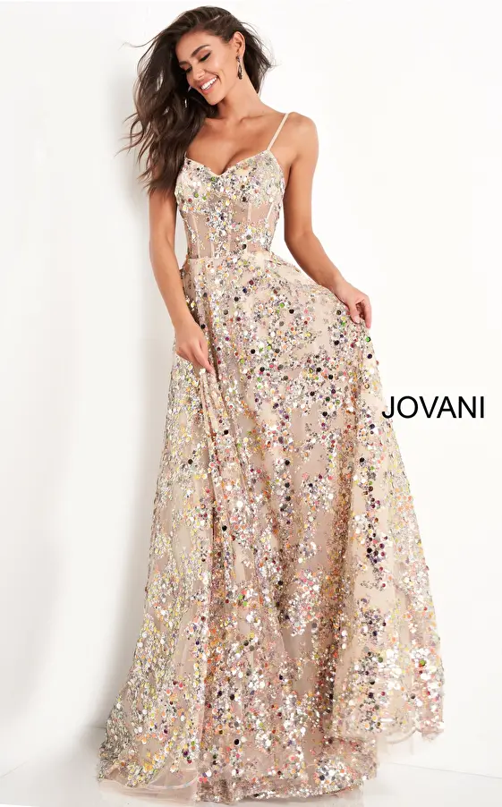 Jovani 04630 Gold Spaghetti Strap Sweetheart Neck Evening Dress