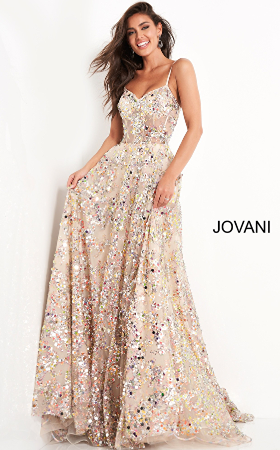 jovani Jovani 04630 Gold Spaghetti Strap Sweetheart Neck Evening Dress