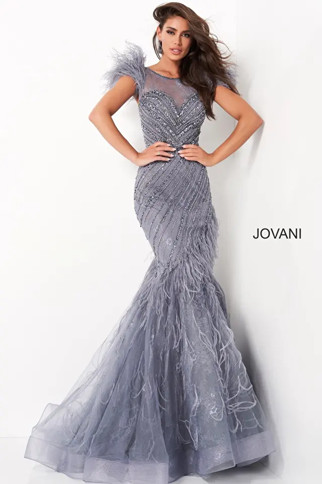 jovani Jovani 04702 Ink Feather Embellished Evening Dress