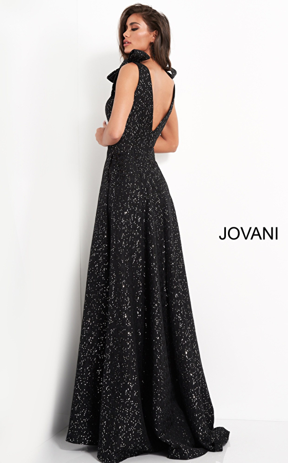 Jovani 05042 Black Plunging Neckline A Line Evening Dress