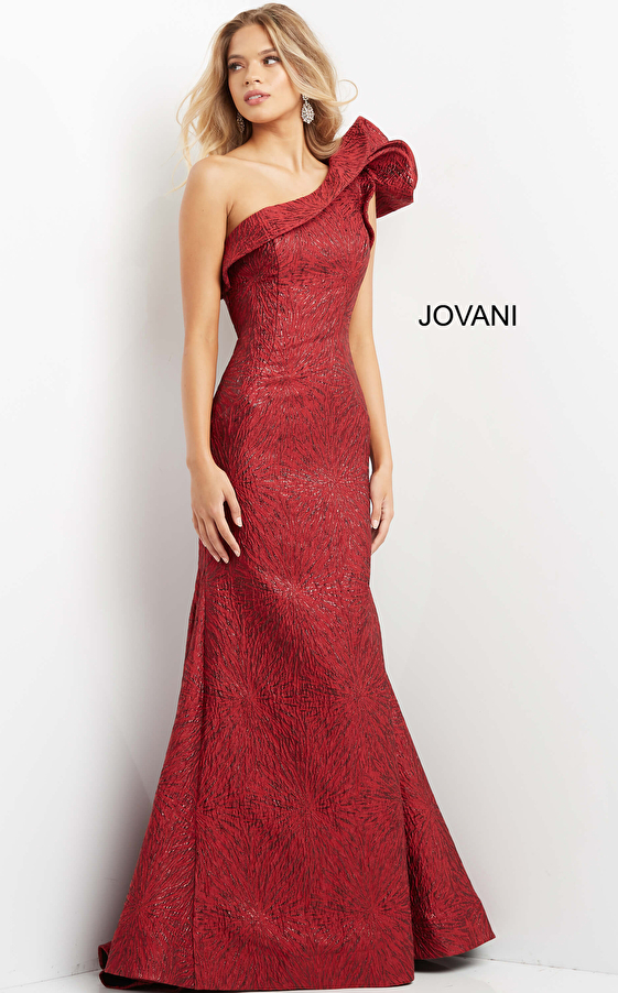 Jovani 05176 Burgundy One Shoulder Mermaid Evening Gown