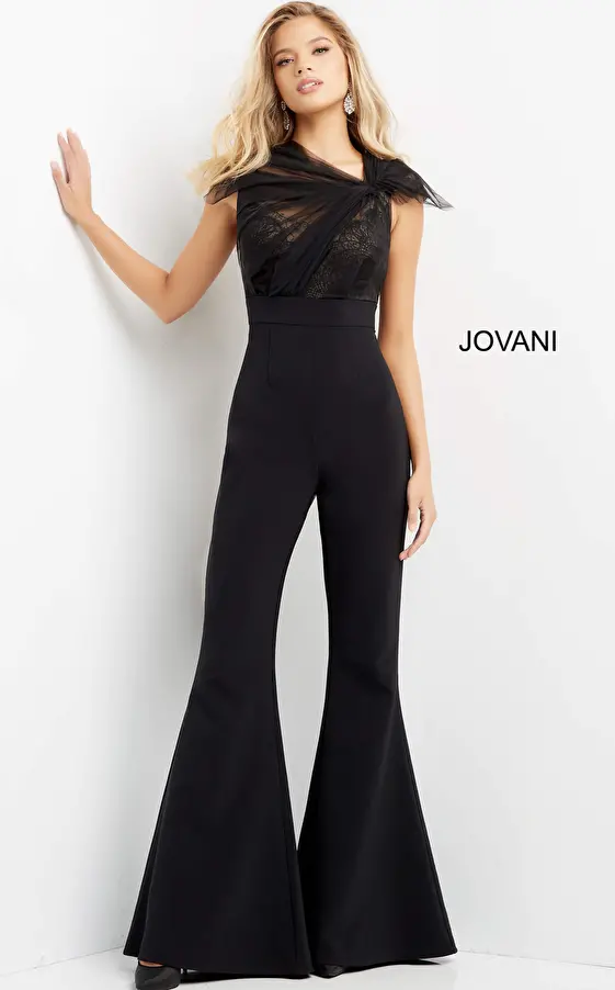 jovani Jovani 05676 Black High Waist Cap Sleeve Jumpsuit