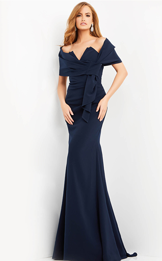 jovani Jovani 06403 Navy Ruched Evening Dress with Wrap