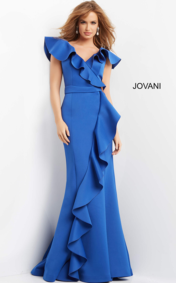 jovani Jovani 06567 Royal V Neck Ruffle Evening Dress