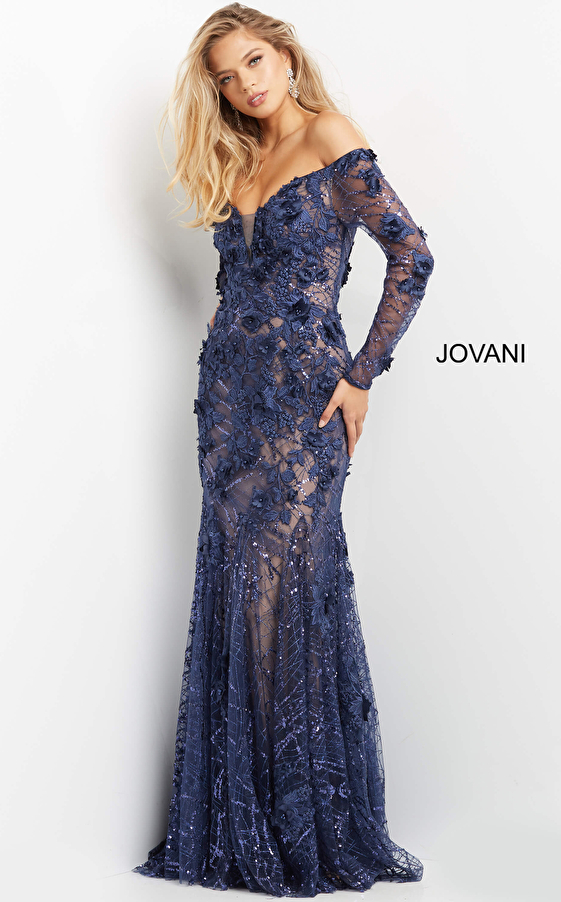 jovani Jovani 06635 Navy Floral Appliques Long Sleeve Evening Dress