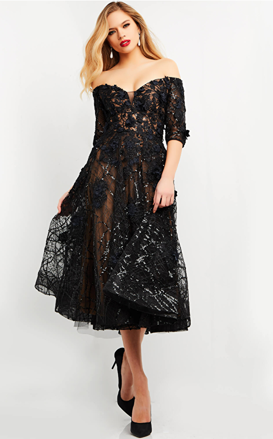Jovani 06637 Black Lace Fit and Flare Tea Length Evening Dress