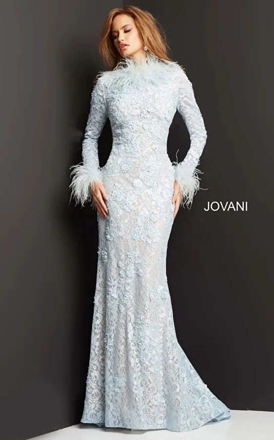 jovani Jovani 06662 Light Blue Lace High Feather Neck Evening Dress