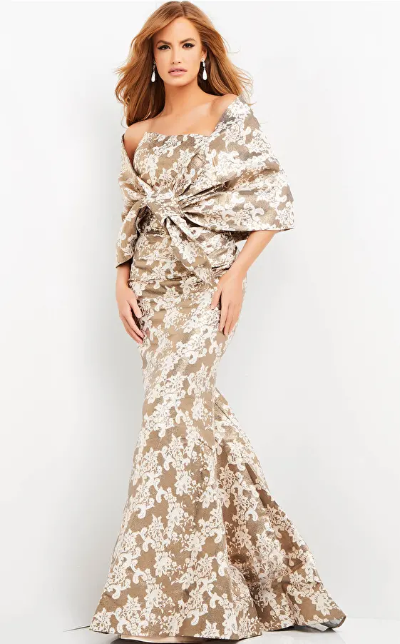 Jovani 06760 Strapless Brocade Evening Dress with Wrap