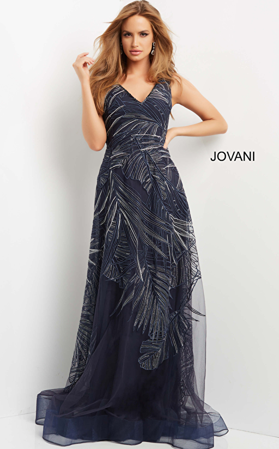 jovani Jovani 06829 Navy A Line V Neck Gown