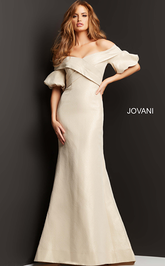 Jovani 06831 Cream Off the Shoulder Short Sleeve Evening Dress