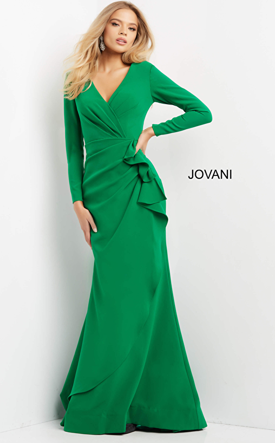 Jovani 06995 Emerald Long Sleeve V Neck Dress