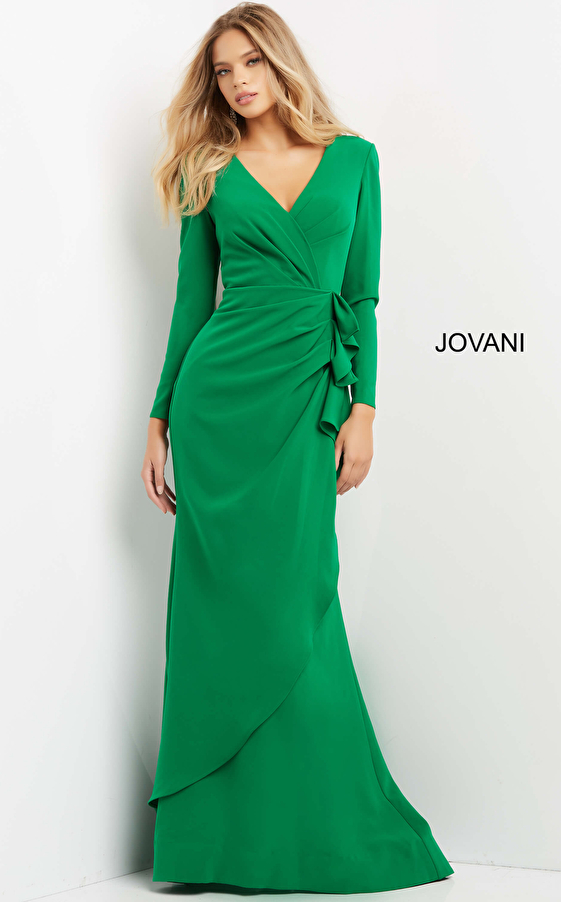 jovani Jovani 06995 Emerald Long Sleeve V Neck Evening Dress