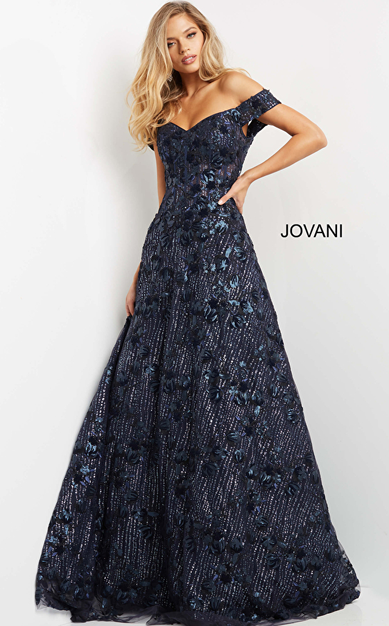Jovani 07162 Navy Embellished A Line Evening Dress