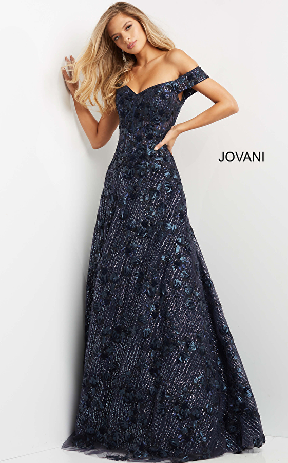 jovani Jovani 07162 Navy Embellished A Line Evening Dress
