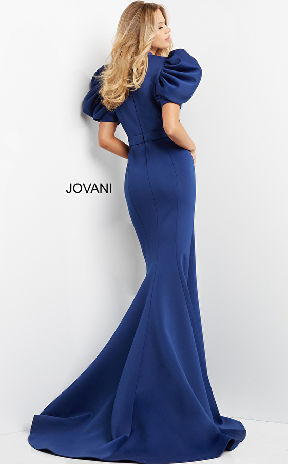Jovani 07268 Deep Royal Plunging Neck Puff Sleeve Evening Dress