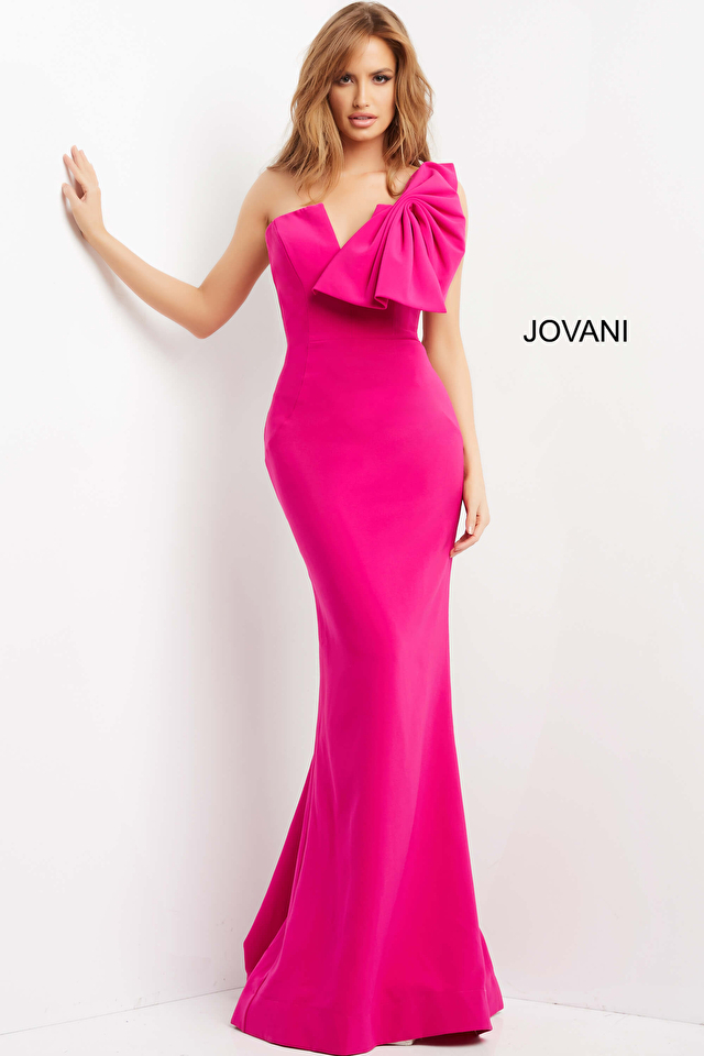 Model wearing Jovani style 07306 one shoulder dress