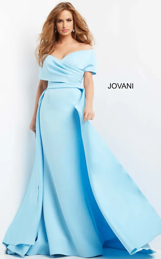 Jovani 07443 Light Blue Off the Shoulder Ruched Bodice Dress