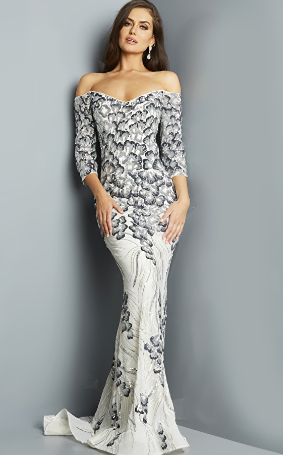 Jovani 07446 Silver Sequin Off the Shoulder Evening Dress
