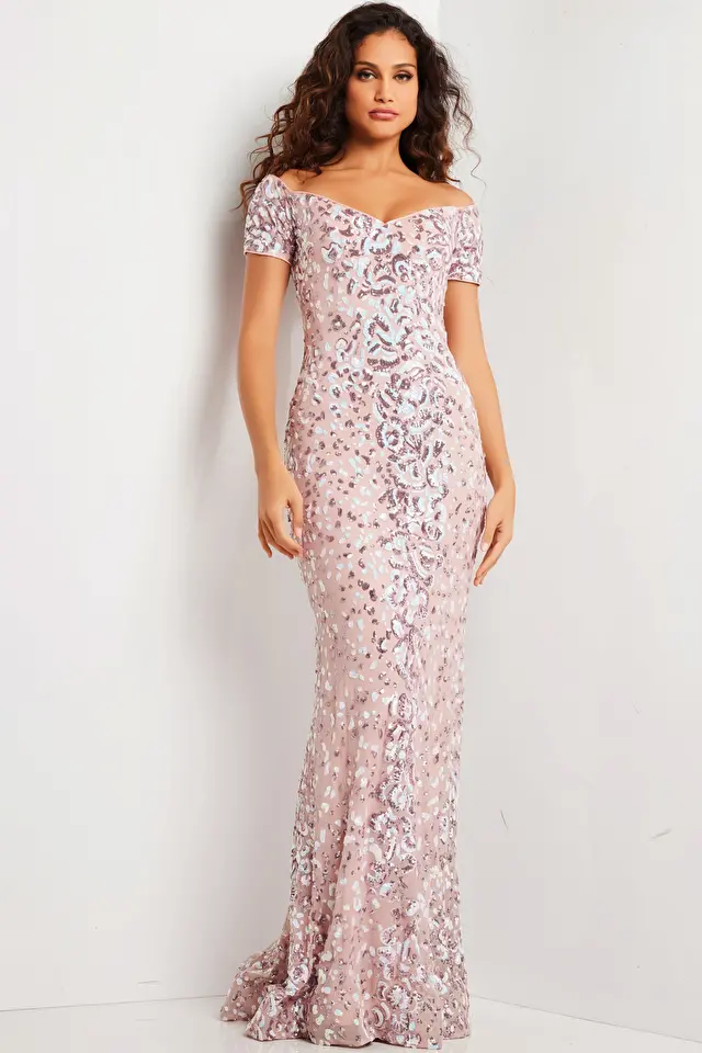 jovani Pink Multi Sequin Embellished Short Sleeve Dress 07458