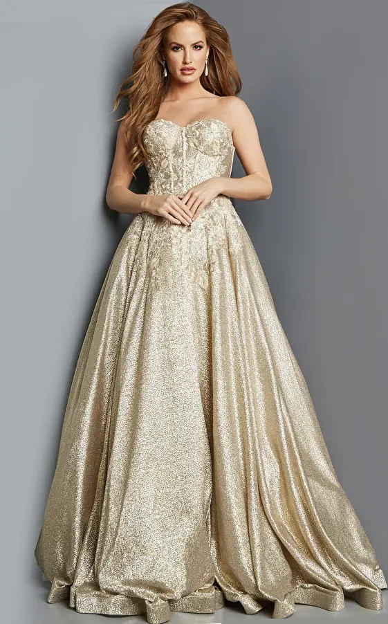 Jovani 07497 Gold Strapless A Line Evening Dress
