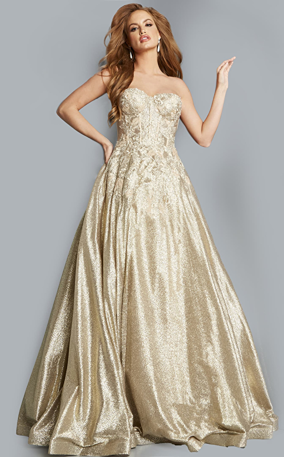 jovani Jovani 07497 Gold Strapless A Line Evening Dress