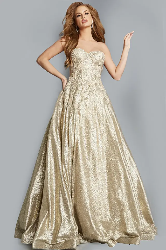 Model wearing Jovani style 07497 gold dress