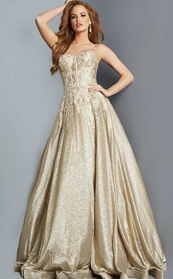 Jovani 07497 Gold Strapless A Line Evening Dress