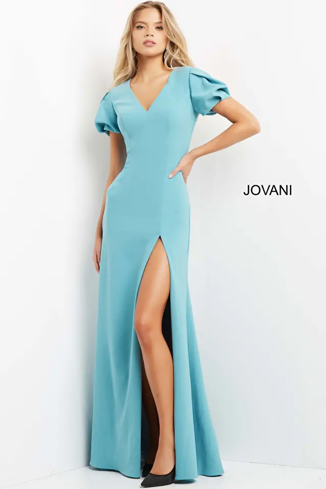 jovani Jovani 07525 Seafoam Short Sleeve V Neck Dress