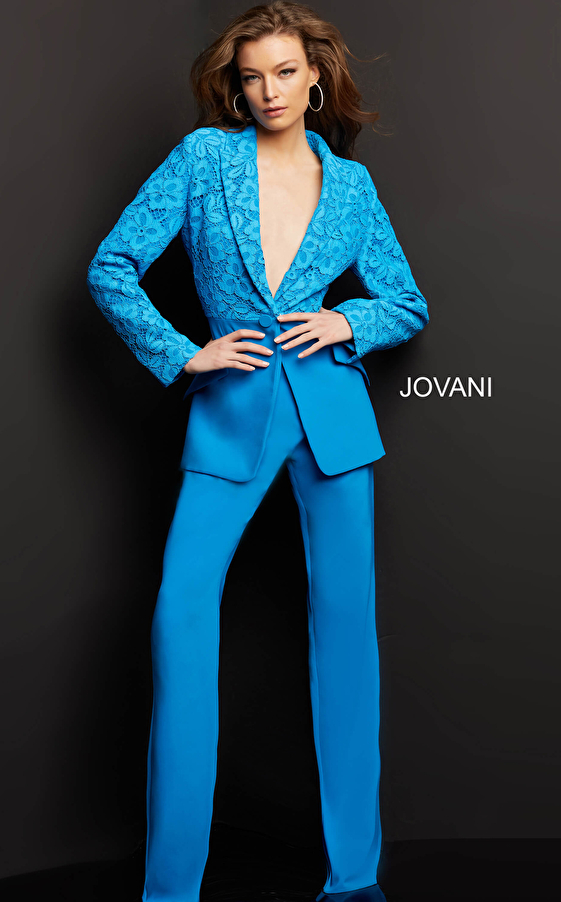 Jovani 07551 Peacock Lace and Crepe Two Piece Evening Suit