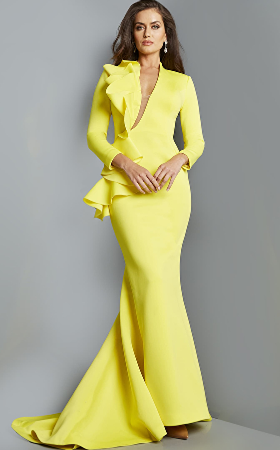 jovani Jovani 07934 Yellow Fitted Three Quarter Sleeve Evening Dress