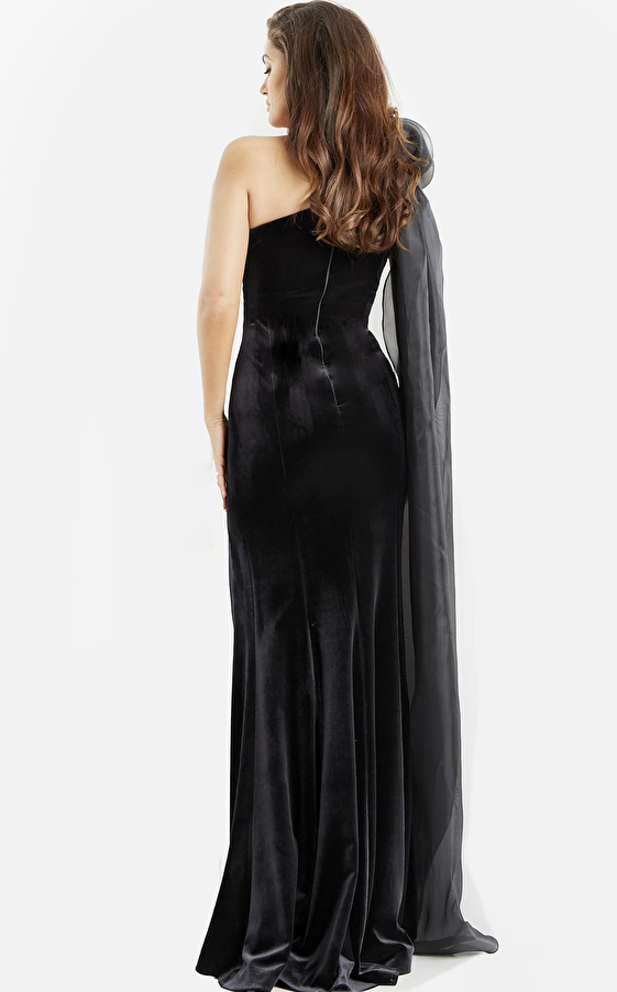 One shoulder black evening gown 08116