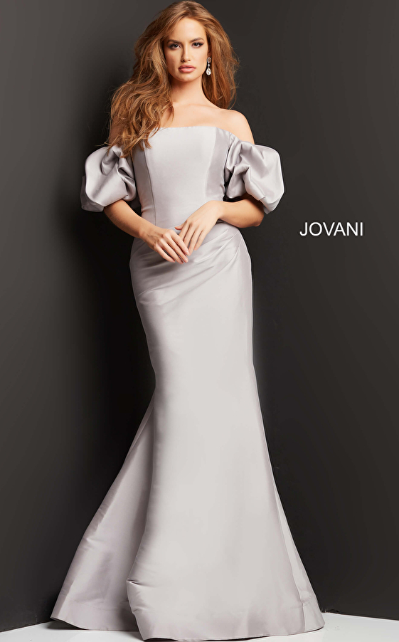 Jovani 08361 Taupe Off the Shoulder Straight Neck Evening Gown