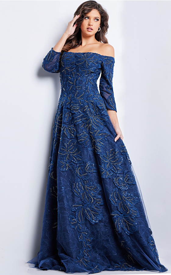 Jovani Dress 08507 | Navy floral lace appliques gown 08507