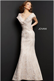 jovani Jovani 08656 Blush Off the Shoulder V Neck Evening Dress
