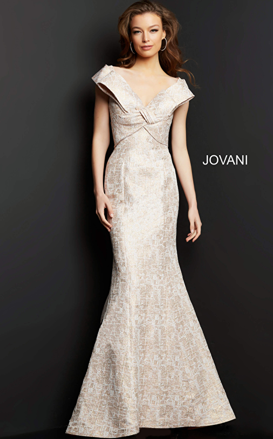 Jovani 08656 Blush Off the Shoulder V Neck Evening Dress