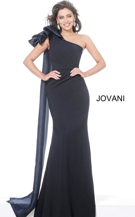 jovani Jovani 1008 Navy One Shoulder Ruched Waist Evening Dress