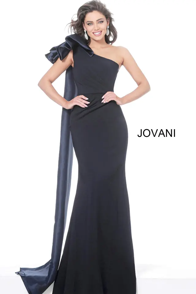 Model wearing Jovani style 1008 one shoulder dress