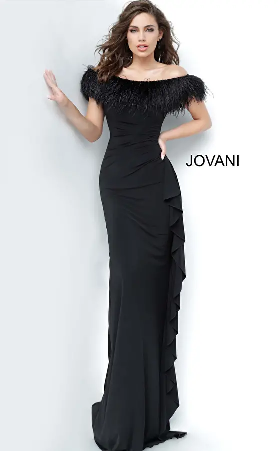 Jovani 1147 Off the Shoulder Feather Neckline Evening Dress 