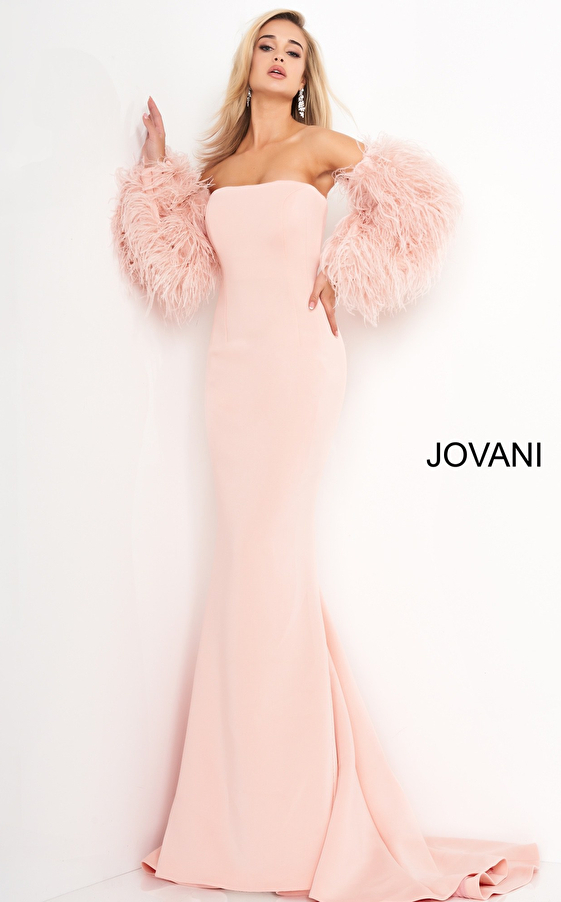 jovani Blush Strapless Fur Sleeves Jovani Gown 1226