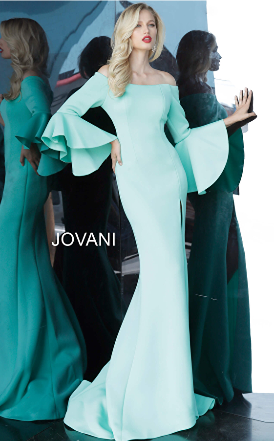 Jovani 1588 Mint Off the Shoulder High Slit Evening Dress 